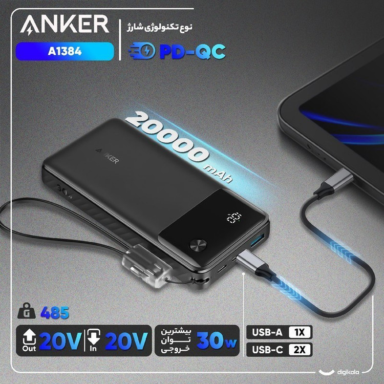 پاوربانک انکر مدل A1384 ظرفیت ۲۰۰۰۰ میلی آمپر ساعت فست شارژ ۳۰ وات